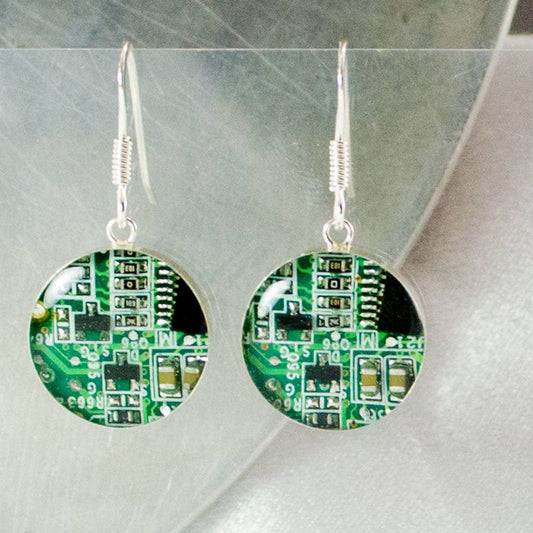 Circuit Board Charm SS Short Dangle Earrings