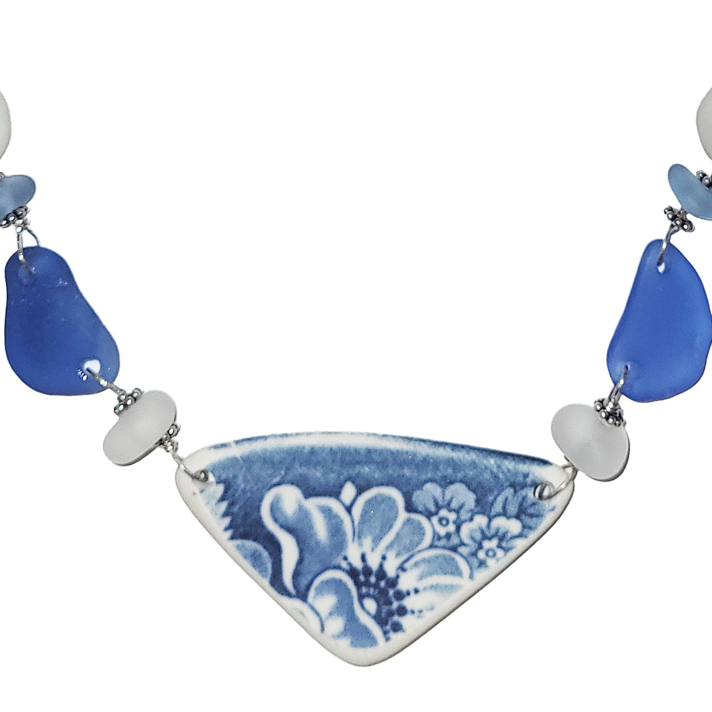 Pottery and Sterling Necklace - Blue Tone with Ten Glass