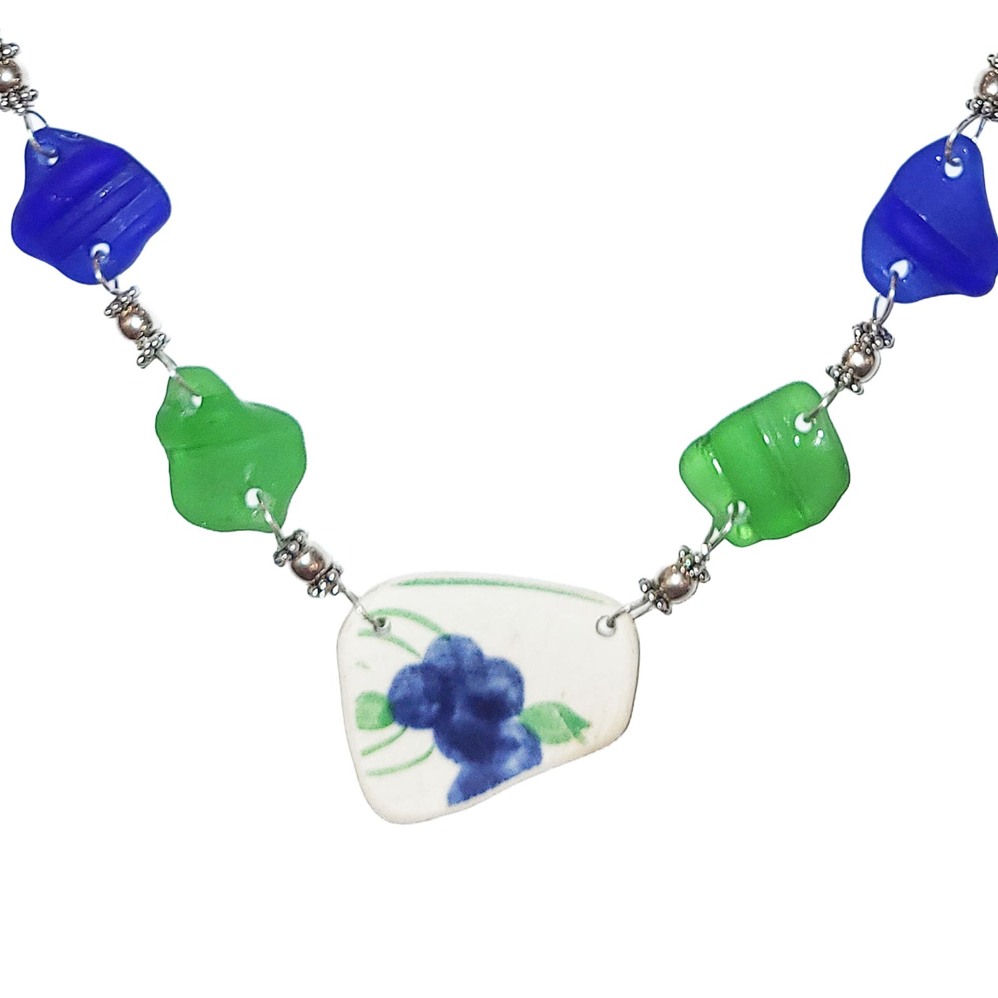 Pottery and Sterling Necklace - Blue-Green with Beach Glass