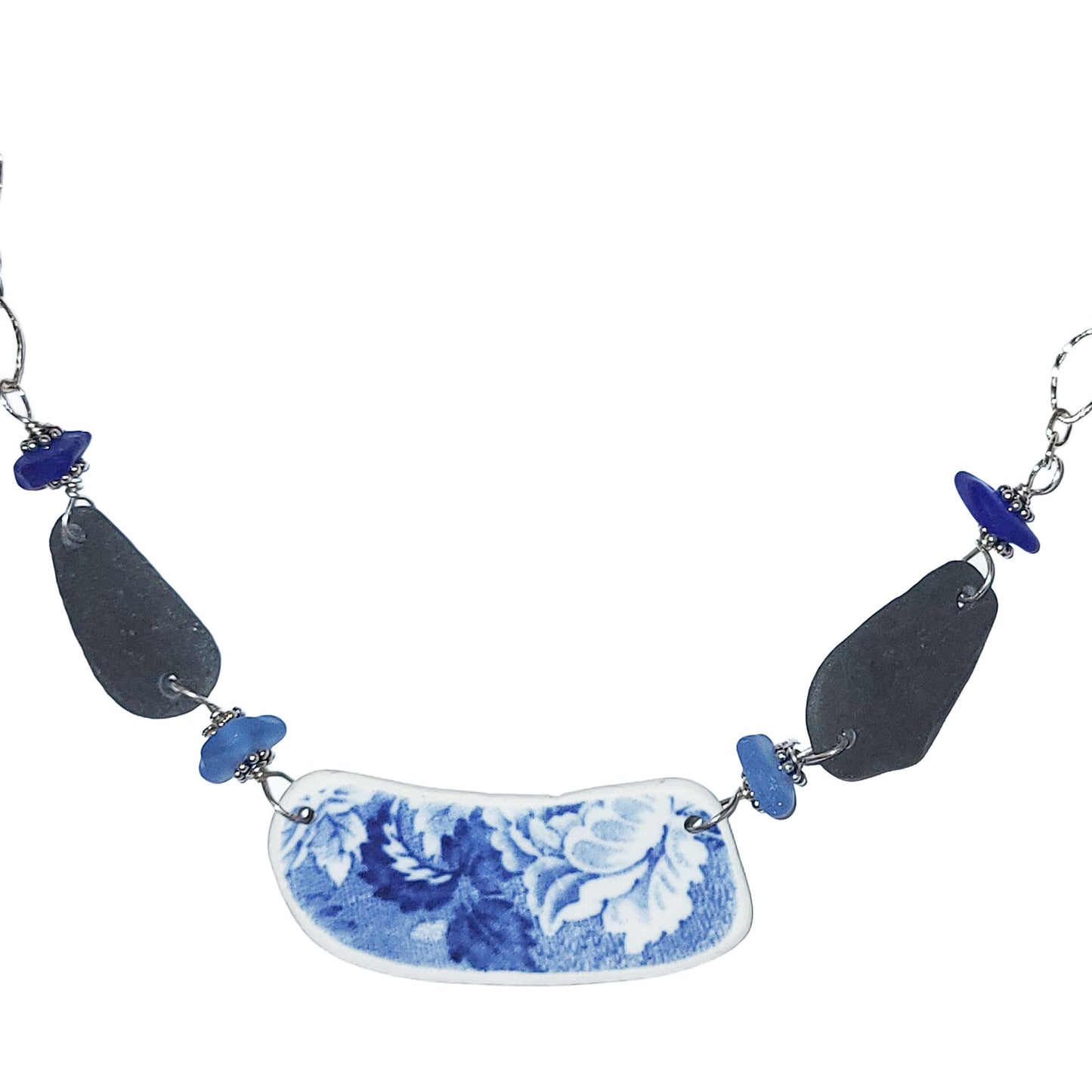 Pottery and Sterling Necklace - Blue with Beach Stones