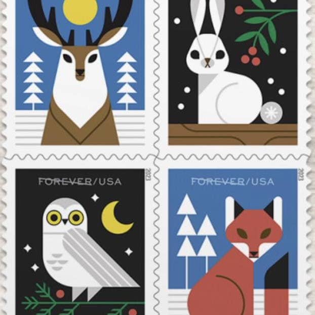 Postage Stamp Earrings - 2023 USA Winter Woodland Animals (Owl)