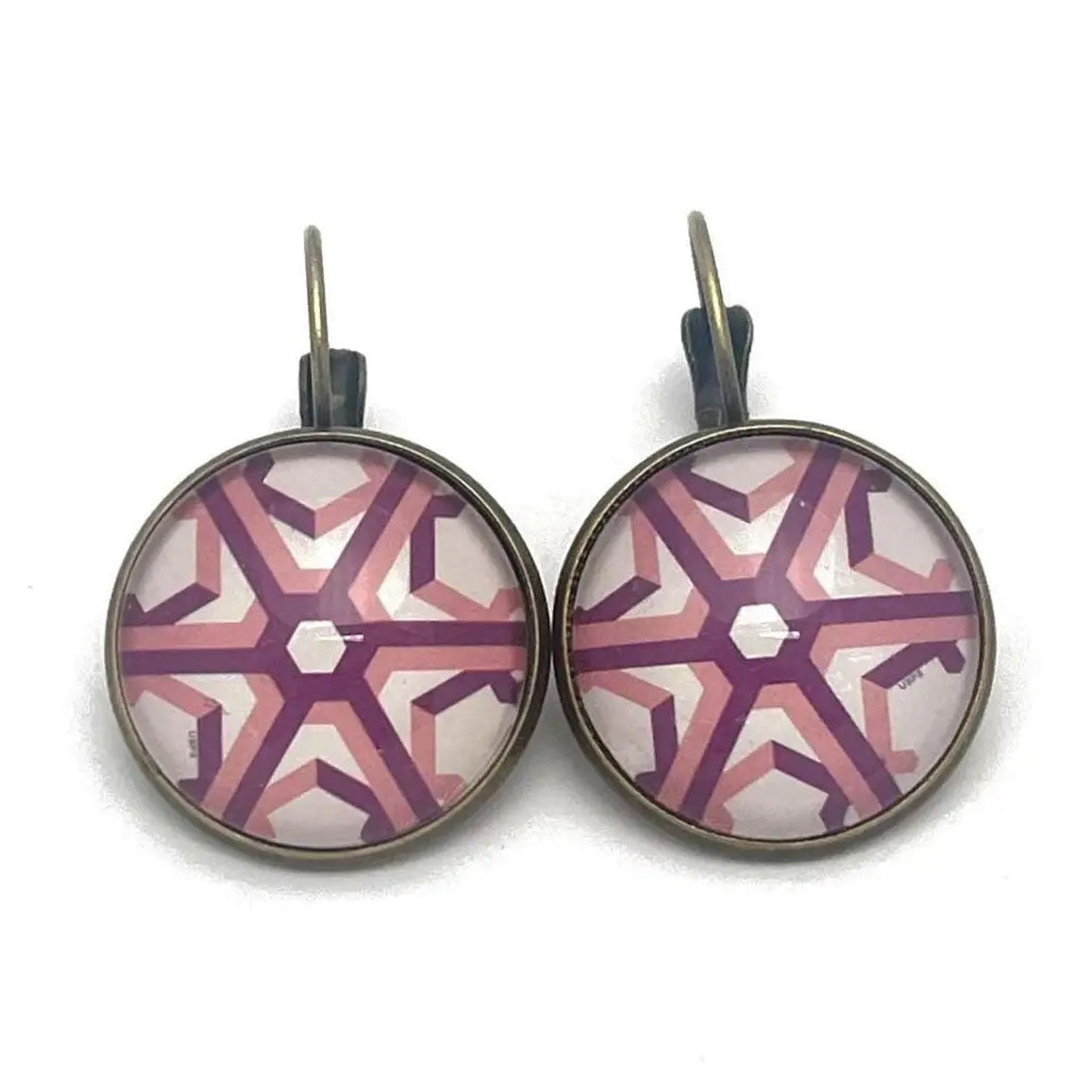 Postage Stamp Earrings - 2015 USA Geometric Snowflakes Pink