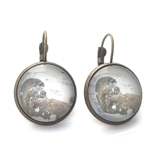 Postage Stamp Earrings - 2021 USA Otters in Snow Sliding