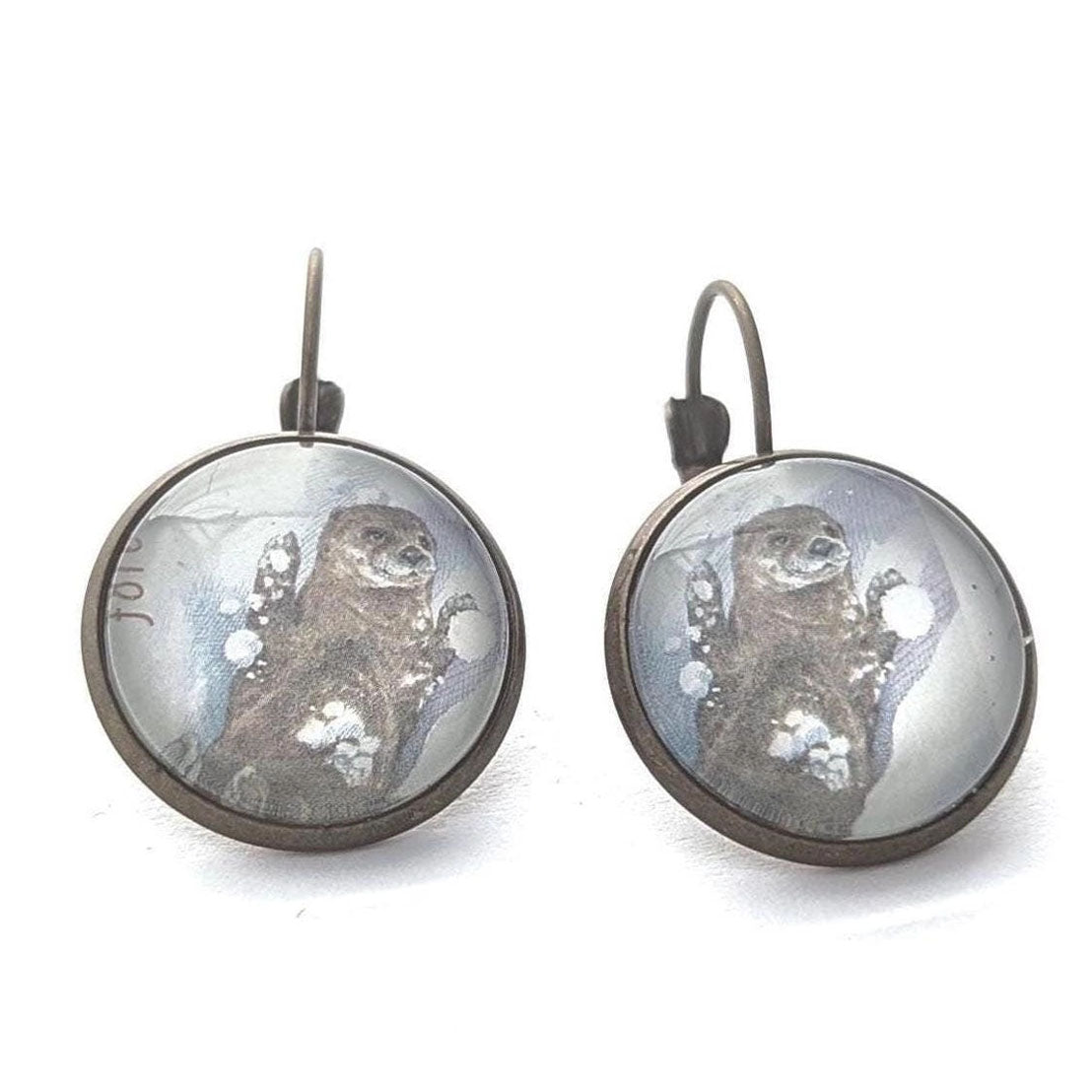 Postage Stamp Earrings - 2021 USA Otters in Snow Tumbling