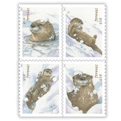 Postage Stamp Earrings - 2021 USA Otters in Snow