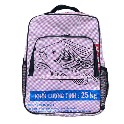 A Pink backpack with a black mesh side pocket, a black top handle, and a large black line art illustration of a fish on the front pocket.