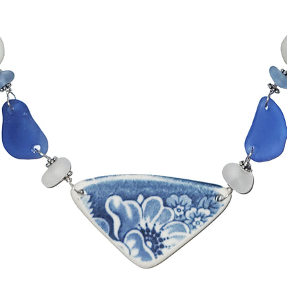 Pottery and Sterling Necklace - Blue Tone with Ten Glass