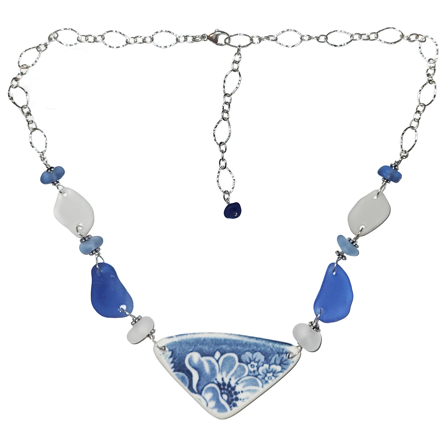 Pottery and Sterling Necklace - Blue Tone with Ten Glass