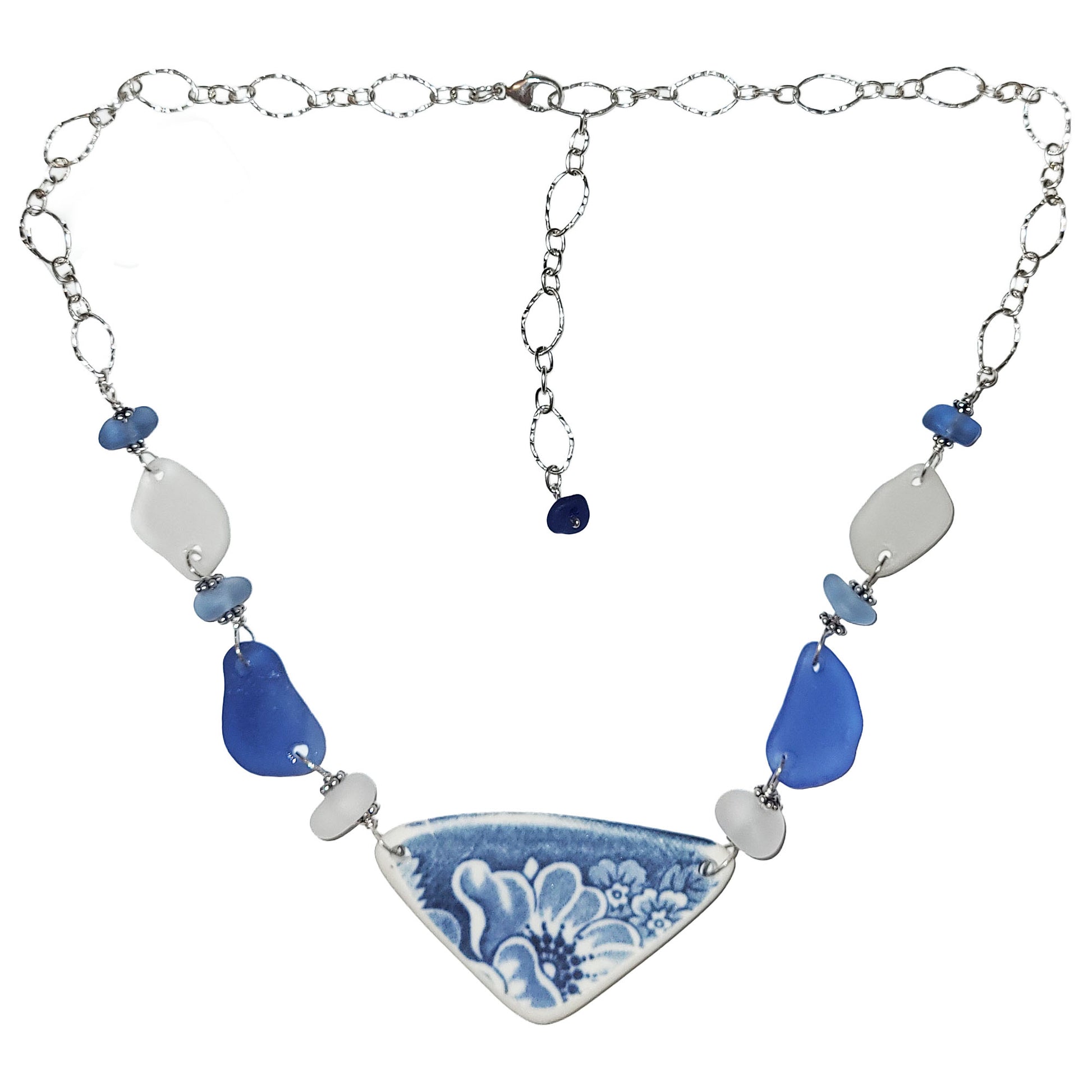 Pottery and Sterling Necklace - Blue Tone with Ten Glass