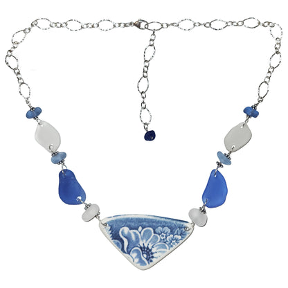 Pottery and Sterling Necklace - Blue Tone with Ten Glass