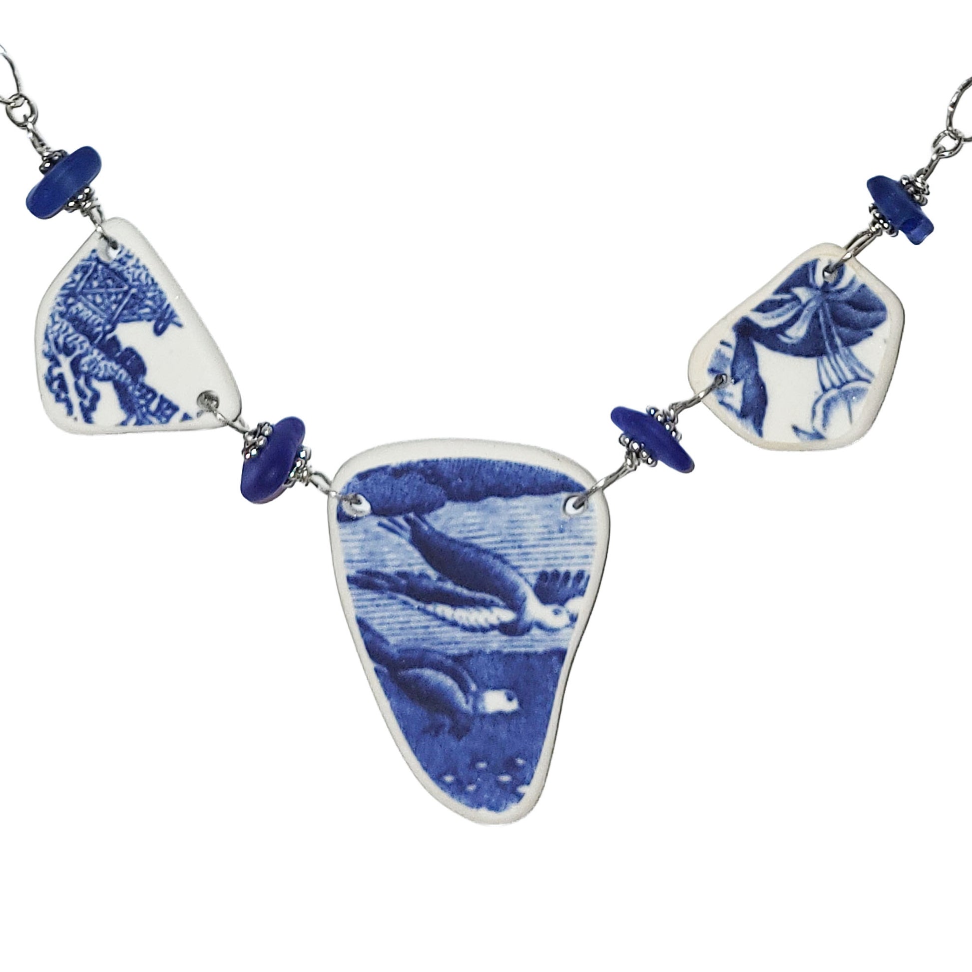 Pottery and Sterling Necklace - Three Blue Tone