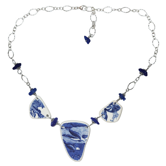 Pottery and Sterling Necklace - Three Blue Tone
