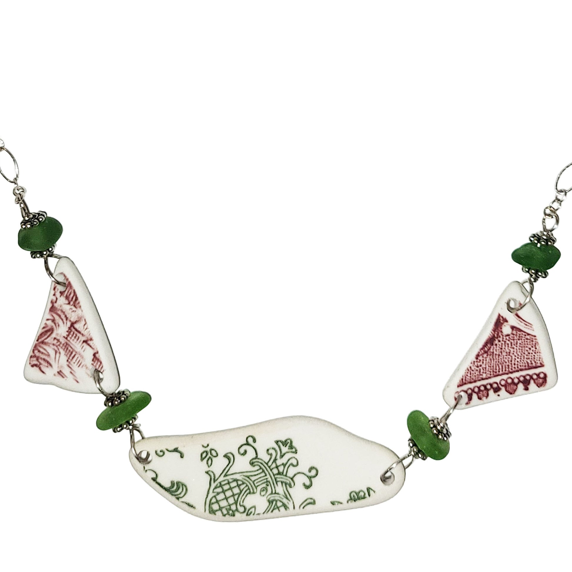 Pottery and Sterling Necklace - Pink-Green-Pink