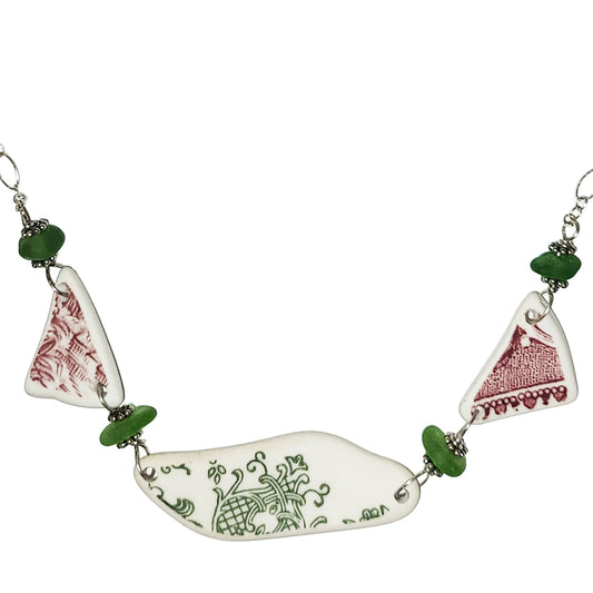 Pottery and Sterling Necklace - Pink-Green-Pink