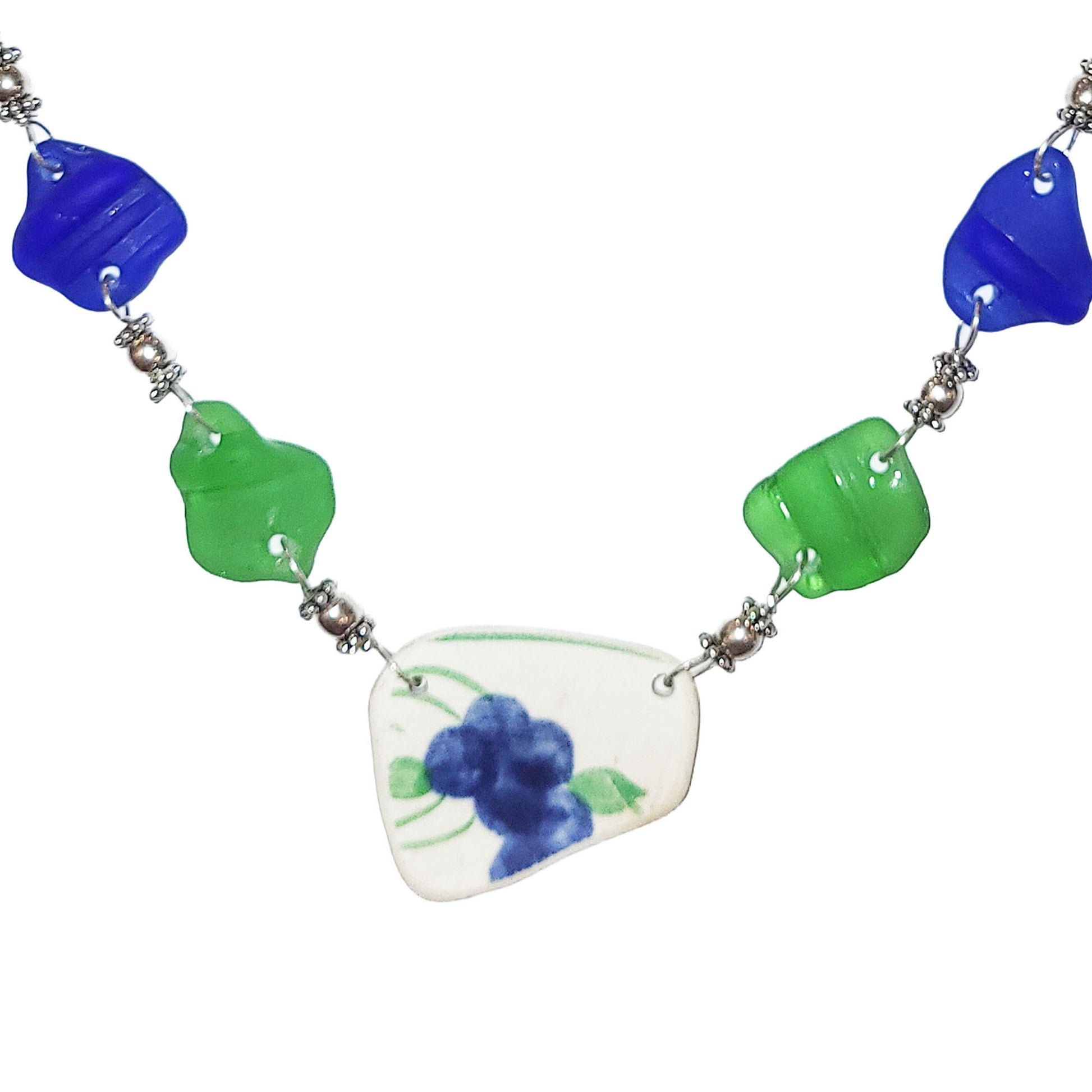Pottery and Sterling Necklace - Blue-Green with Beach Glass