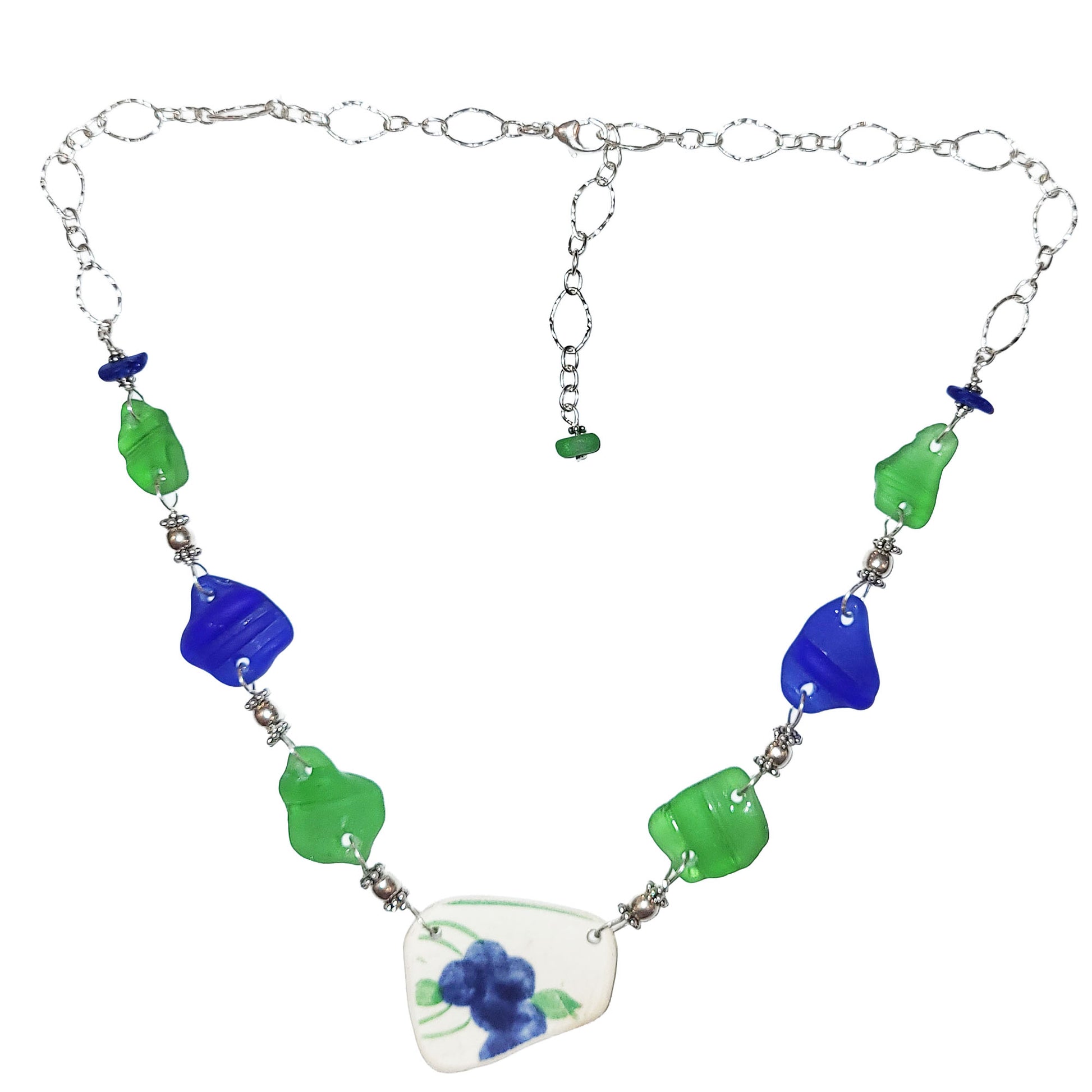 Pottery and Sterling Necklace - Blue-Green with Beach Glass