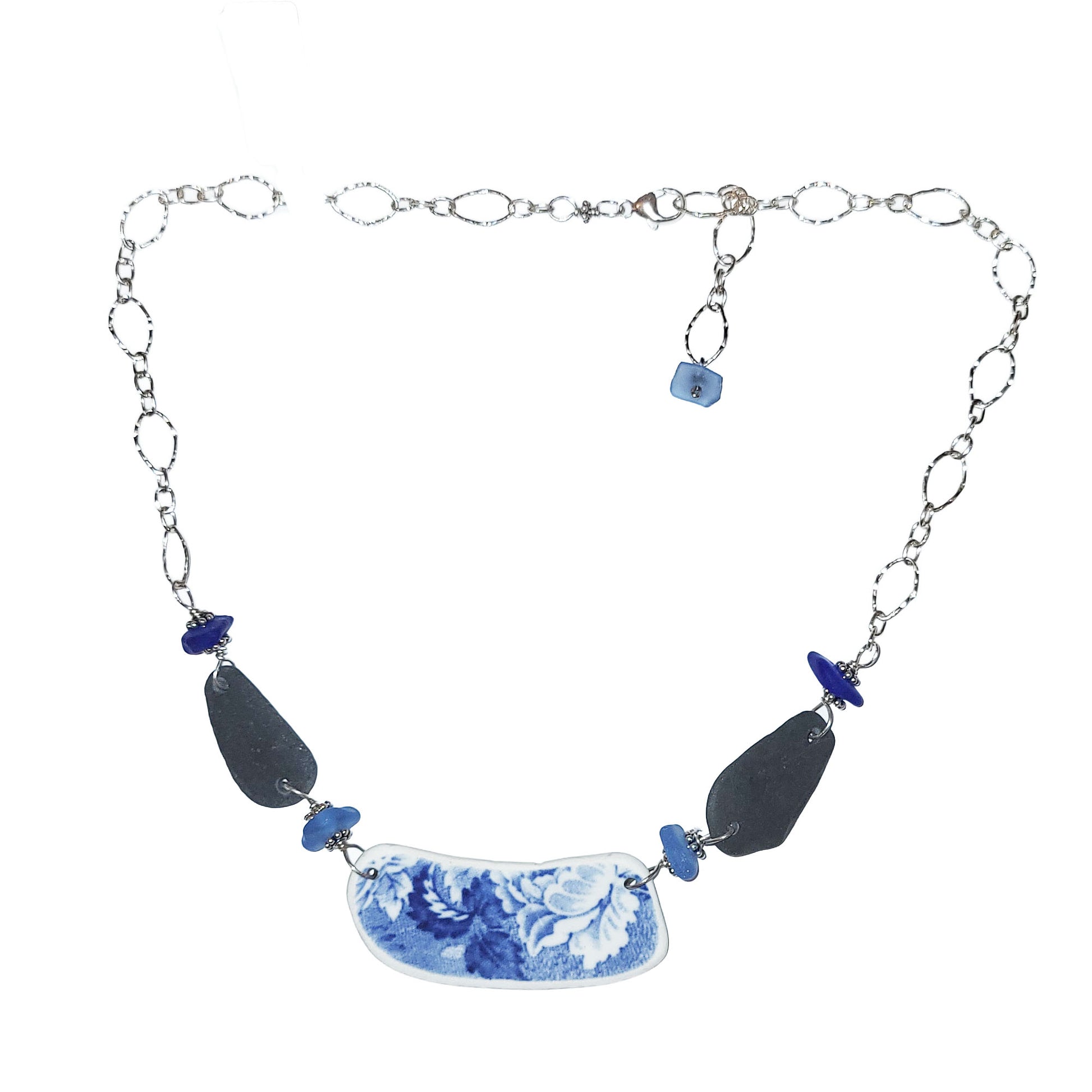 Pottery and Sterling Necklace - Blue with Beach Stones