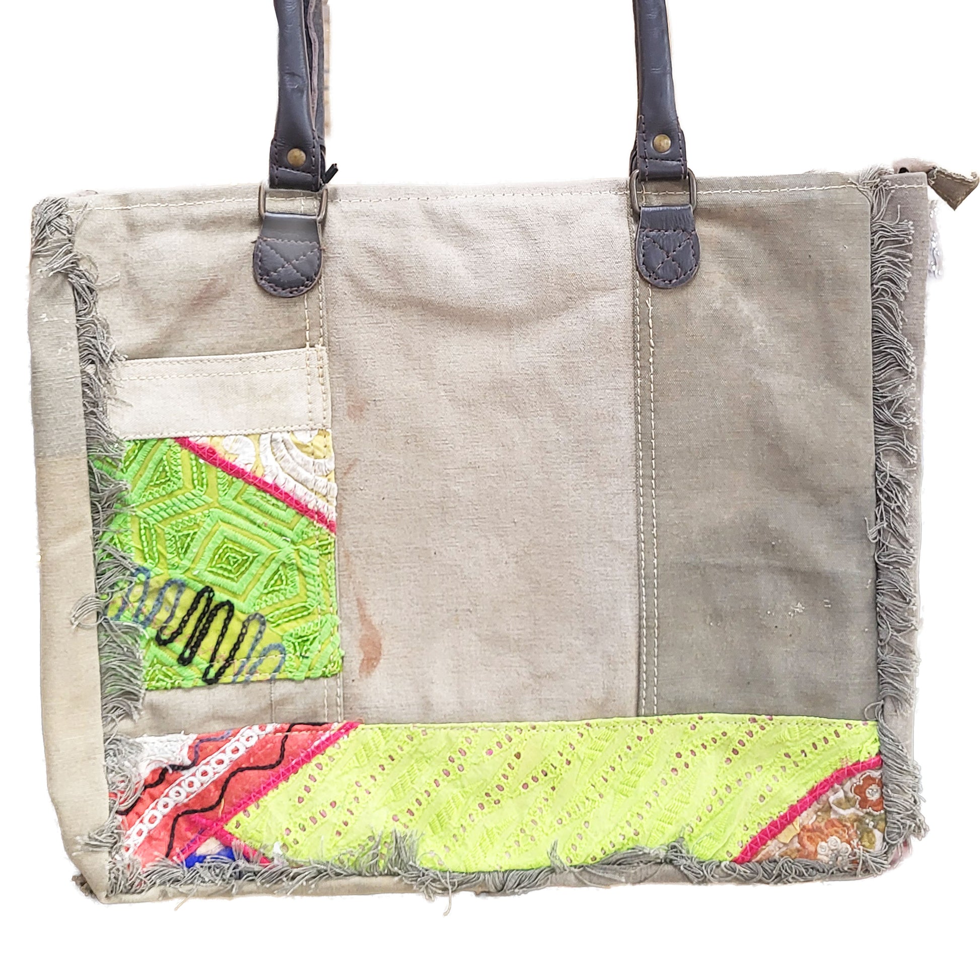 Military Tent Zipper Tote with Vintage Fabric Green & Chartreuse
