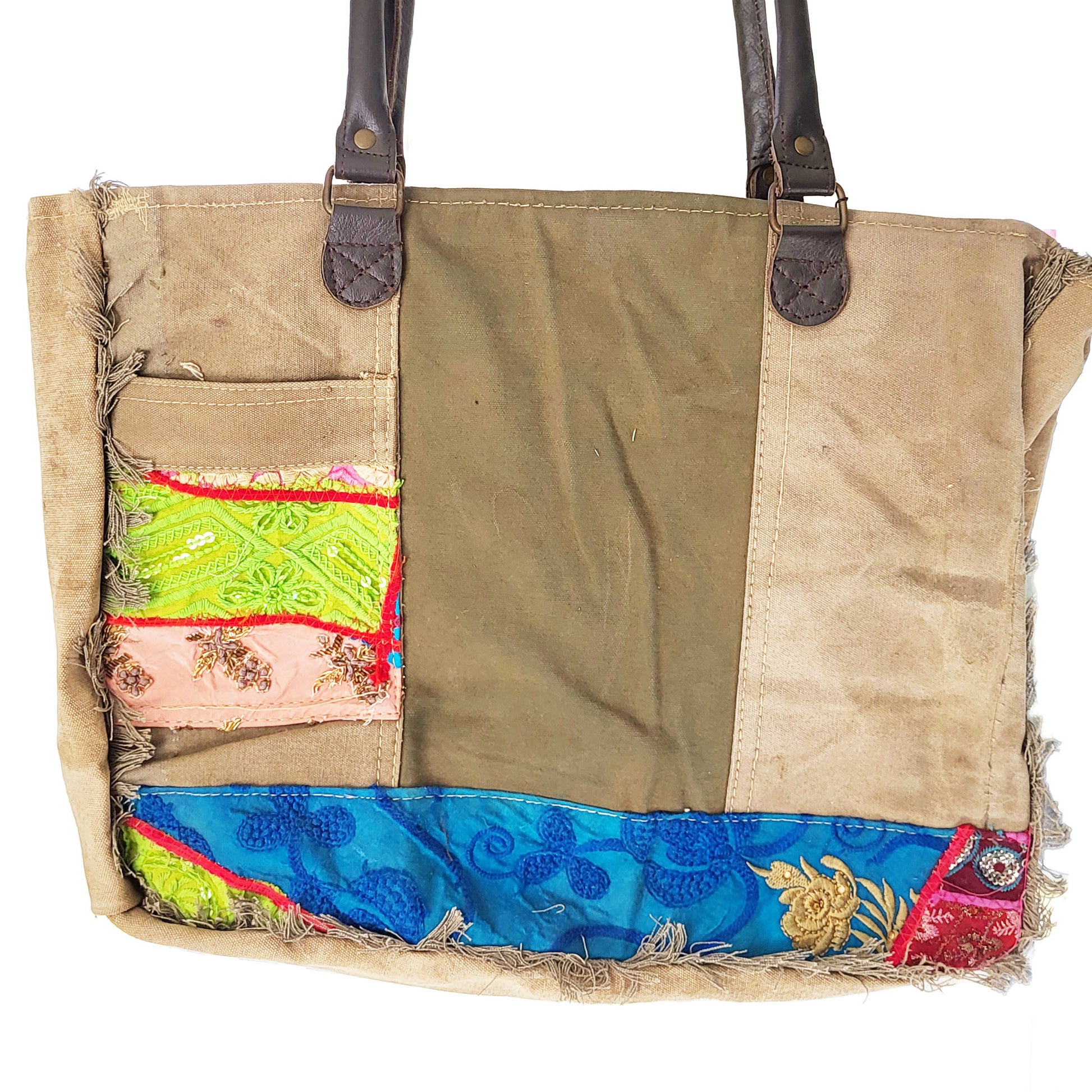 Military Tent Zipper Tote with Vintage Fabric Green & Blue