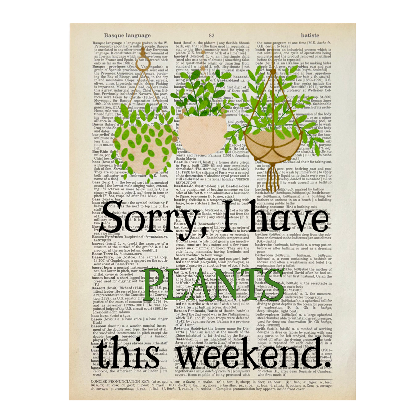 Vintage Book Page Print - Sorry, I Have Plants (077)