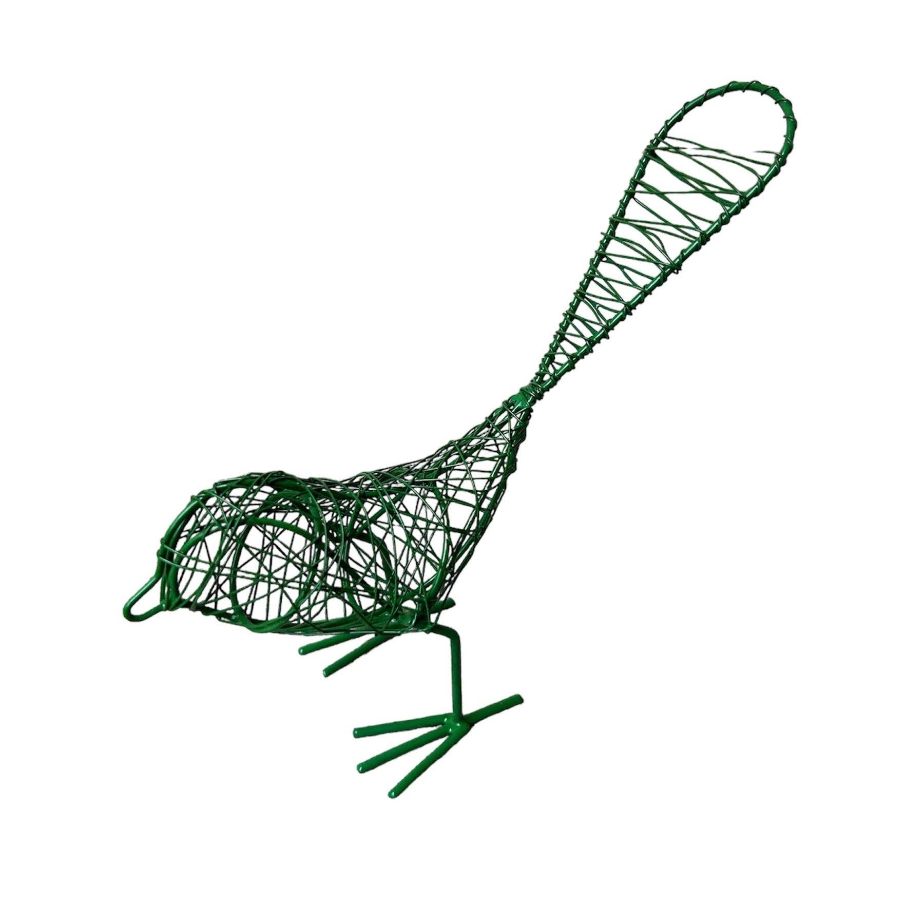 Green wire bird sculpture on a white background