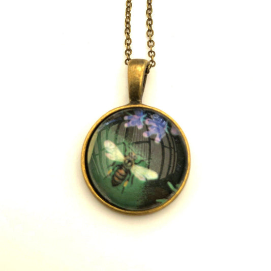 Postage Stamp Necklace - 1987 Bulgaria Green Bee