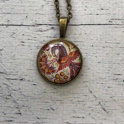 Postage Stamp Necklace - 2017 Slovakia Bird Folk Painting